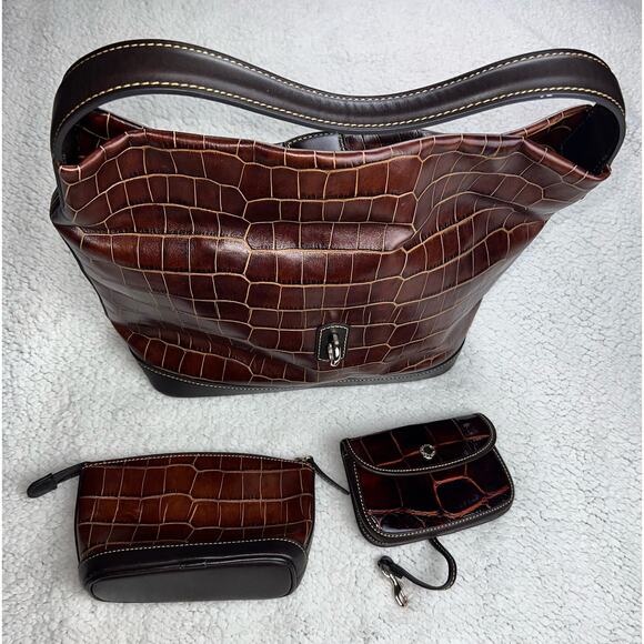 Dooney & Bourke Duck Logo Brown Embossed Crocodile Leather Purse Toe Handbag - Picture 11 of 12